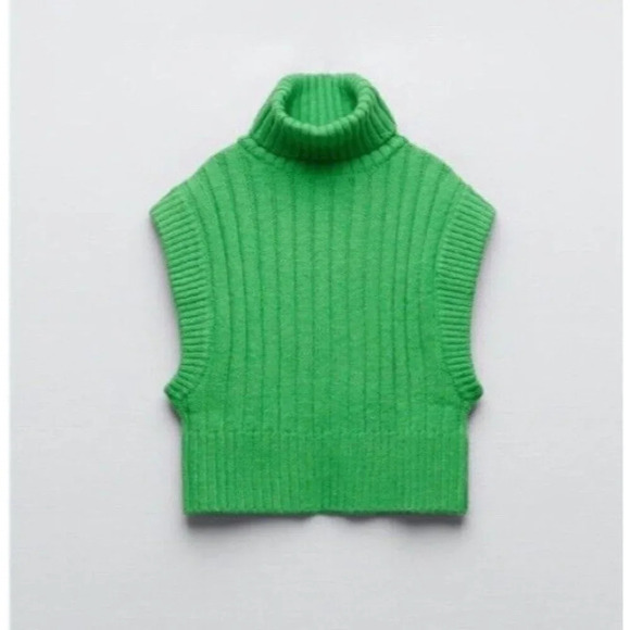 Zara Thick Ribbed Knit Green Turtleneck Crop Sweater Vest Waistcoat Bra… - Picture 2 of 5